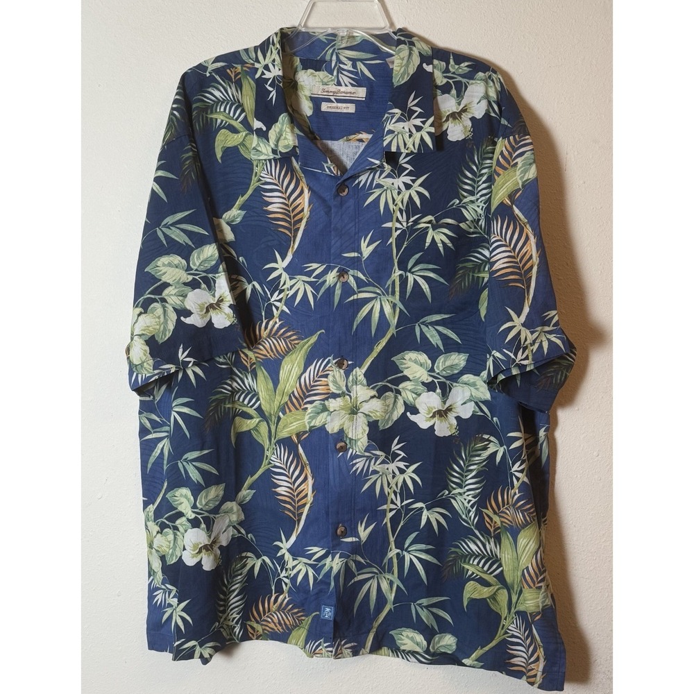 Tommy Bahama 100% Silk Hawaiian Camp Shirt Blue Floral XXL Tall T TG